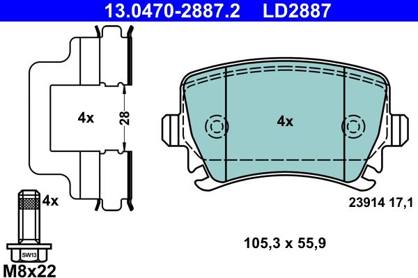 ATE 13.0470-2887.2 - Тормозные колодки, дисковые, комплект onlydrive.pro