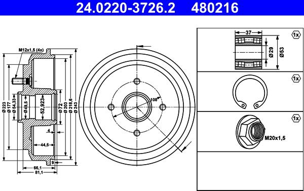 ATE 24.0220-3726.2 - Brake Drum onlydrive.pro