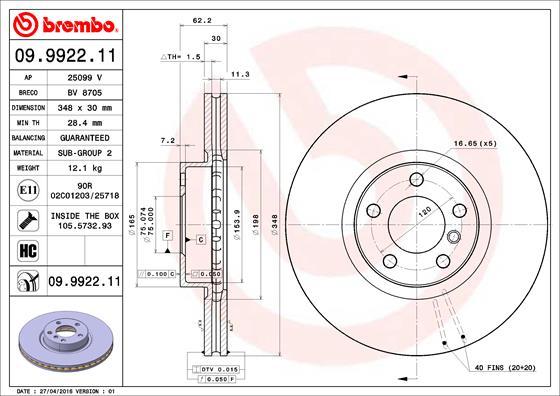 Brembo 09.9922.11 - Stabdžių diskas onlydrive.pro