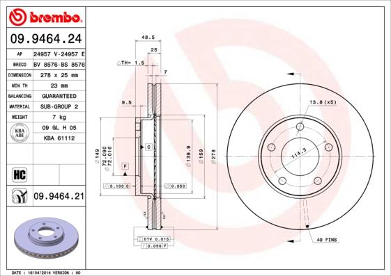 Brembo 09.9464.21 - Brake Disc onlydrive.pro