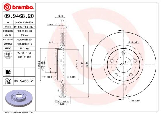 Brembo 09.9468.21 - Bremžu diski onlydrive.pro