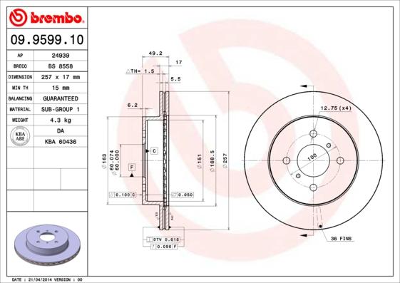 Brembo 09.9599.10 - Brake Disc onlydrive.pro