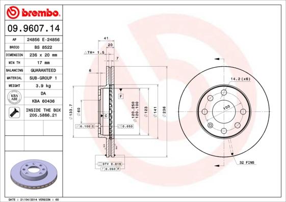 Brembo 09.9607.14 - Stabdžių diskas onlydrive.pro