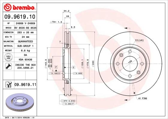 Brembo 09.9619.11 - Stabdžių diskas onlydrive.pro