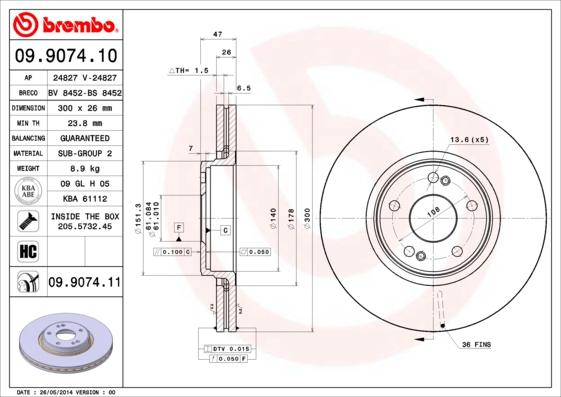 Brembo 09.9074.11 - Stabdžių diskas onlydrive.pro