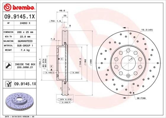 Brembo 09.9145.1X - Тормозной диск onlydrive.pro