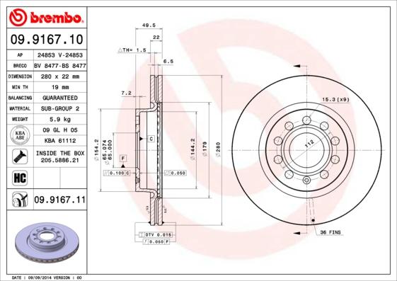 Brembo 09.9167.11 - Stabdžių diskas onlydrive.pro