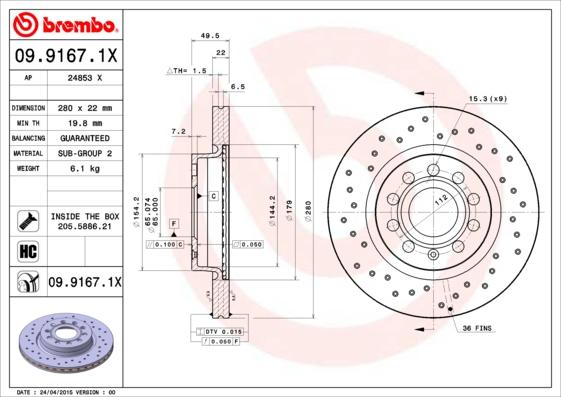 Brembo 09.9167.1X - Bremžu diski onlydrive.pro