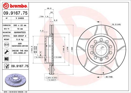 Brembo 09.9167.75 - Stabdžių diskas onlydrive.pro