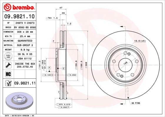 Brembo 09.9821.11 - Brake Disc onlydrive.pro