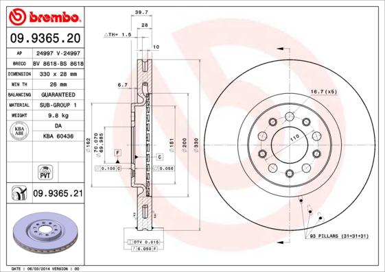 Brembo 09.9365.21 - Stabdžių diskas onlydrive.pro