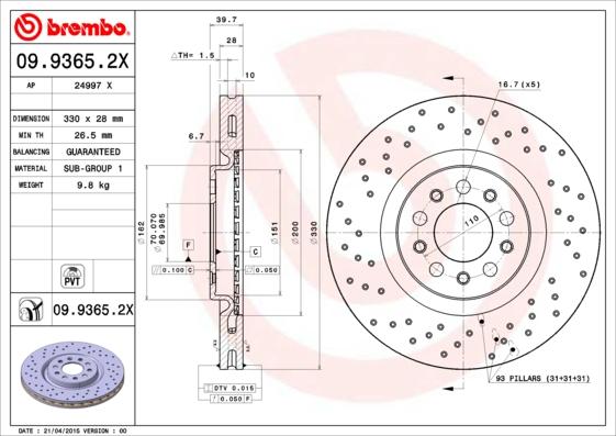 Brembo 09.9365.2X - Bremžu diski onlydrive.pro