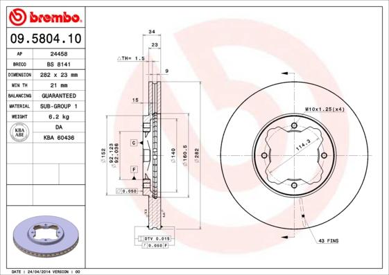 Brembo 09.5804.10 - Тормозной диск onlydrive.pro