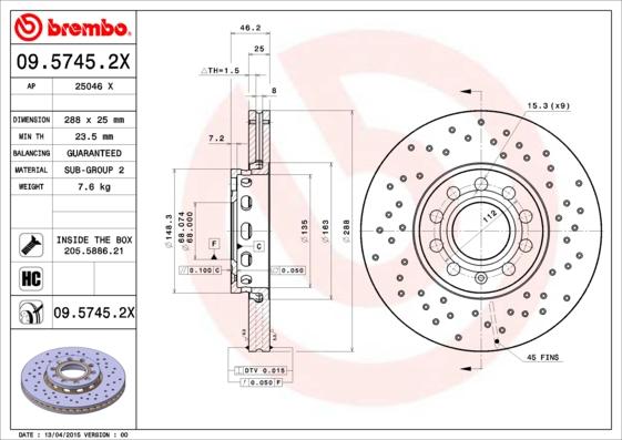 Brembo 09.5745.2X - Brake Disc onlydrive.pro