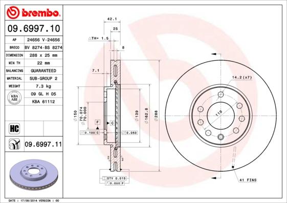 Brembo 09.6997.11 - Тормозной диск onlydrive.pro