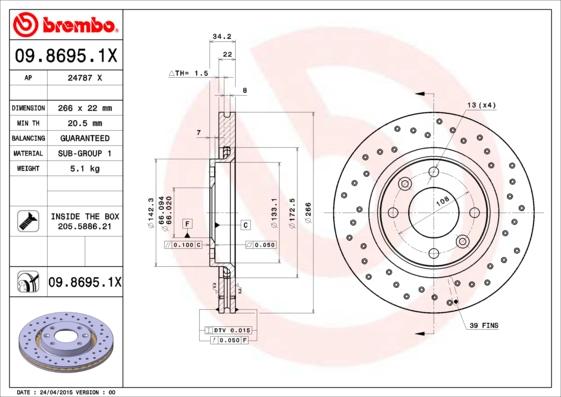 Brembo 09.8695.1X - Piduriketas onlydrive.pro