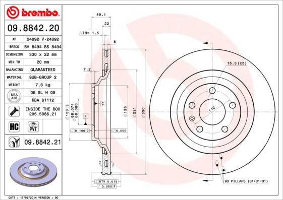 Brembo 09.8842.21 - Brake Disc onlydrive.pro