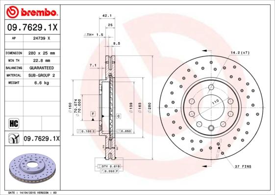 Brembo 09.7629.1X - Piduriketas onlydrive.pro