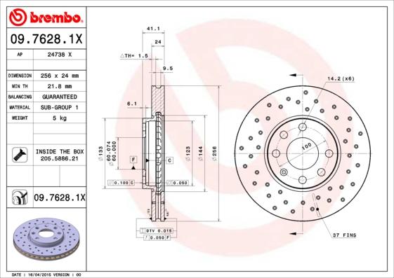 Brembo 09.7628.1X - Stabdžių diskas onlydrive.pro