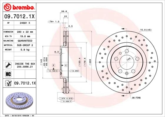 Brembo 09.7012.1X - Stabdžių diskas onlydrive.pro