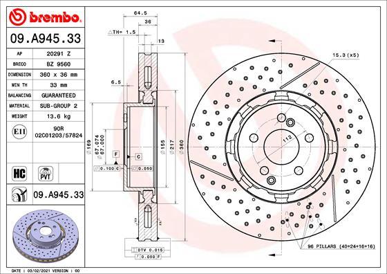 Brembo 09.A945.33 - Bremžu diski onlydrive.pro