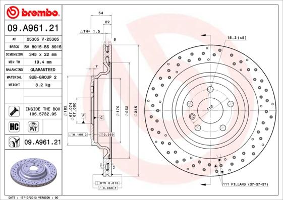 Brembo 09.A961.21 - Piduriketas onlydrive.pro