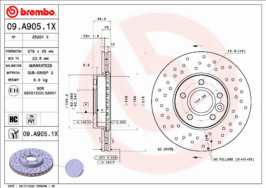 Brembo 09.A905.1X - Bremžu diski onlydrive.pro