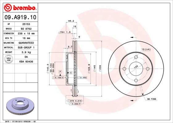 Brembo 09.A919.10 - Brake Disc onlydrive.pro