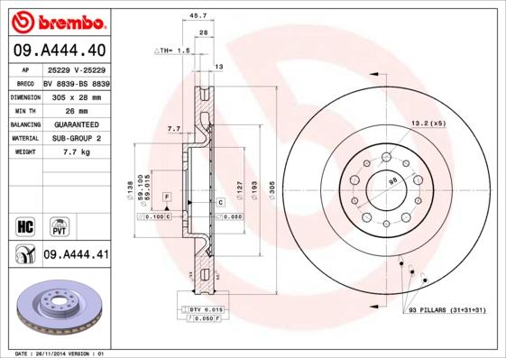 Brembo 09.A444.41 - Bremžu diski onlydrive.pro