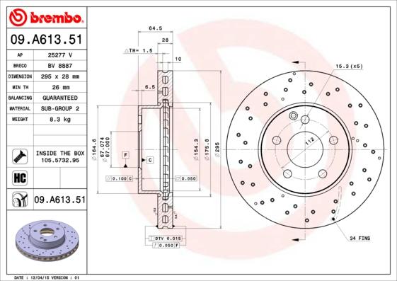 Brembo 09.A613.51 - Bremžu diski onlydrive.pro