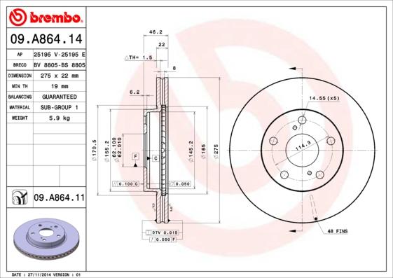 Brembo 09.A864.11 - Brake Disc onlydrive.pro