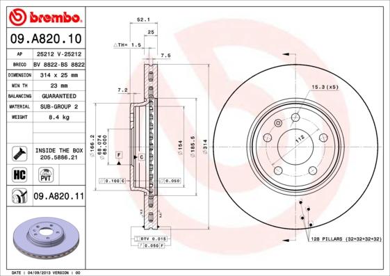 Brembo 09.A820.11 - Bremžu diski onlydrive.pro