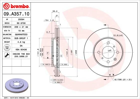 Brembo 09.A357.10 - Bremžu diski onlydrive.pro