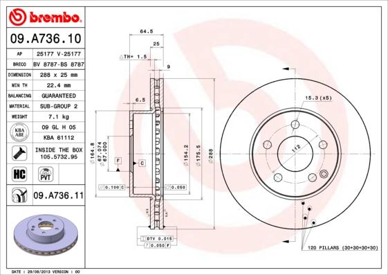 Brembo 09.A736.11 - Bremžu diski onlydrive.pro