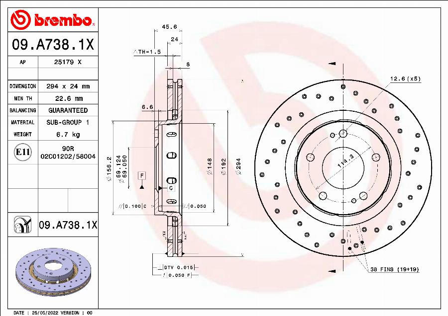 Brembo 09.A738.1X - Jarrulevy onlydrive.pro