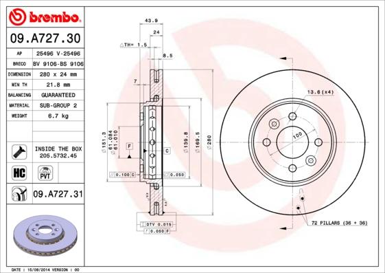 Brembo 09.A727.31 - Piduriketas onlydrive.pro