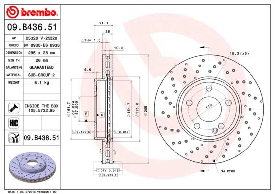 Brembo 09.B436.51 - Bremžu diski onlydrive.pro