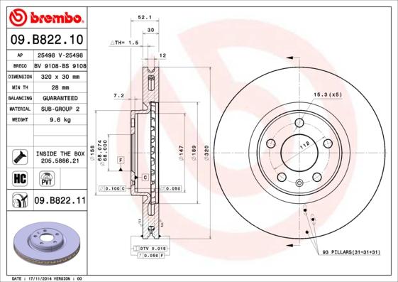 Brembo 09.B822.11 - Piduriketas onlydrive.pro