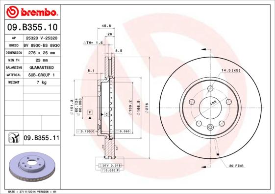 Brembo 09.B355.11 - Bremžu diski onlydrive.pro