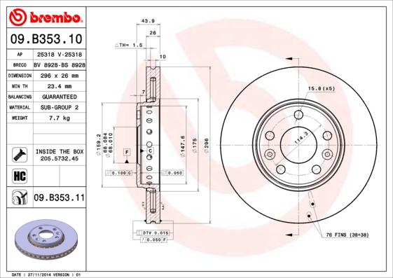 Brembo 09.B353.11 - Bremžu diski onlydrive.pro