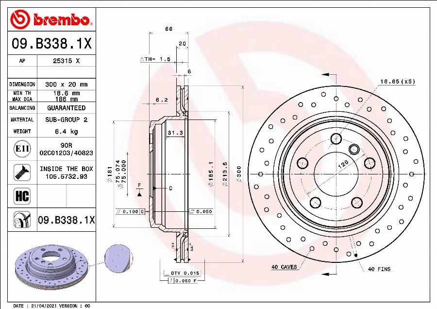 Brembo 09.B338.1X - Stabdžių diskas onlydrive.pro