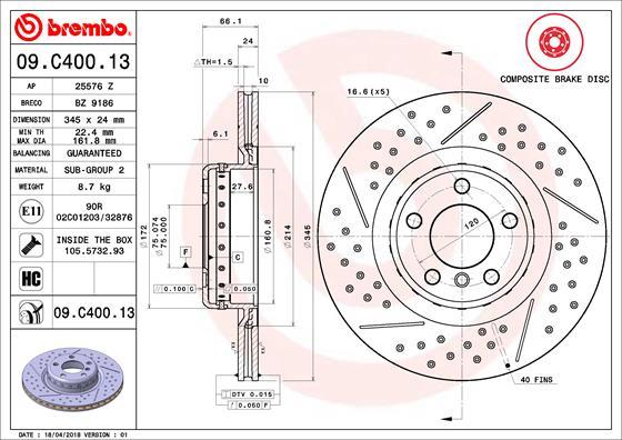 Brembo 09.C400.13 - Stabdžių diskas onlydrive.pro