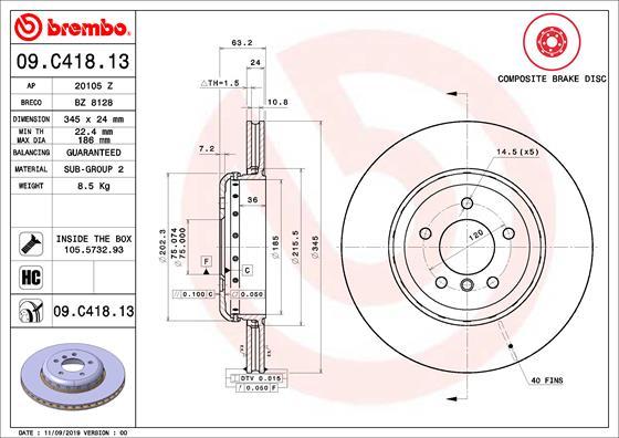 Brembo 09.C418.13 - Stabdžių diskas onlydrive.pro