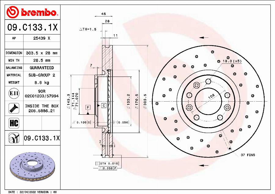 Brembo 09.C133.1X - Piduriketas onlydrive.pro