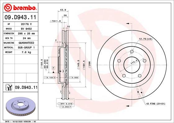 Brembo 09.D943.11 - Stabdžių diskas onlydrive.pro