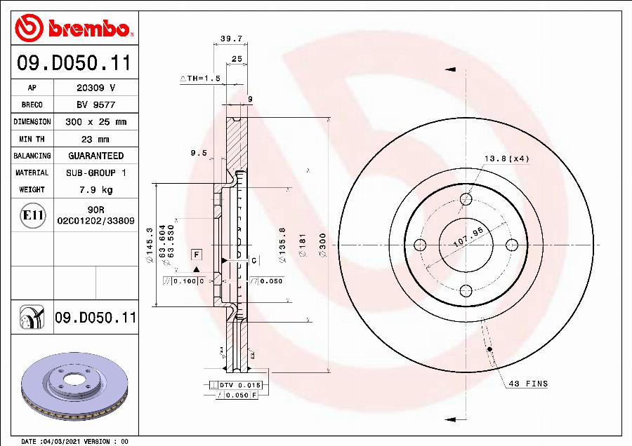 Brembo 09.D050.11 - Stabdžių diskas onlydrive.pro