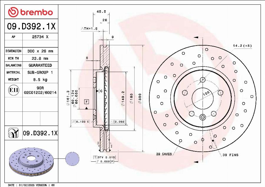 Brembo 09.D392.1X - Stabdžių diskas onlydrive.pro