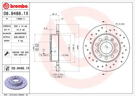 Brembo 08.9488.1X - Brake Disc onlydrive.pro