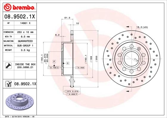 Brembo 08.9502.1X - Тормозной диск onlydrive.pro