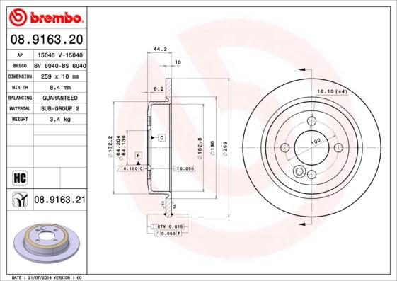 Brembo 08.9163.21 - Brake Disc onlydrive.pro